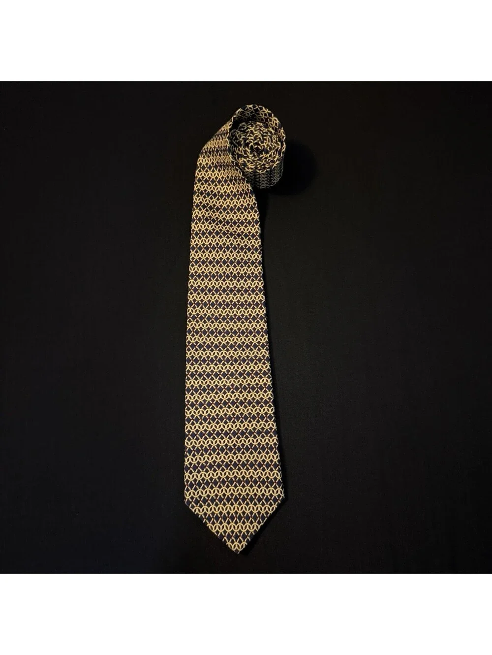 Brooks Brothers Makers Navy Gold Chain Link Pattern Silk Tie 59” x 4” USA